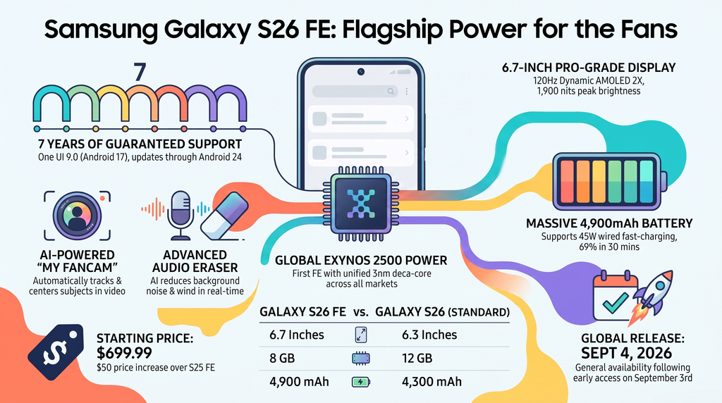 Samsung Galaxy S26 FE specifications and features infographic showing display, battery, processor, camera, price, and software support