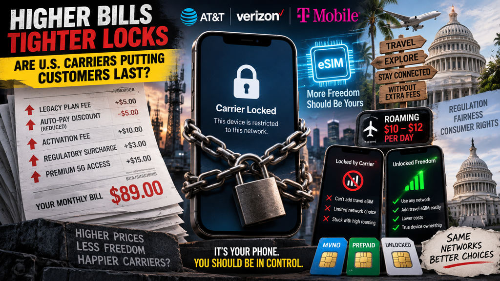 Editorial illustration showing rising U.S. wireless bills, carrier-locked smartphones, eSIM restrictions, expensive roaming fees, and the consumer push for unlocked devices and greater network freedom.