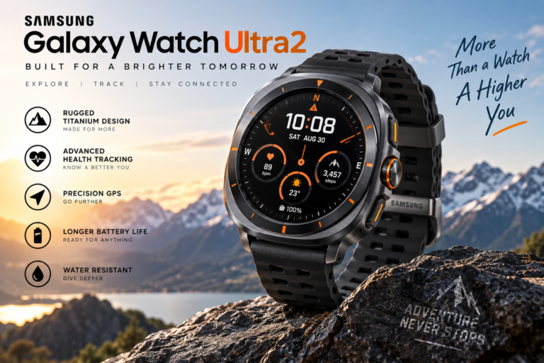 Samsung Galaxy Watch Ultra2 smartwatch with rugged titanium design, black band, advanced health tracking, GPS, long battery life, and water resistance, displayed against a scenic mountain lake at sunrise.