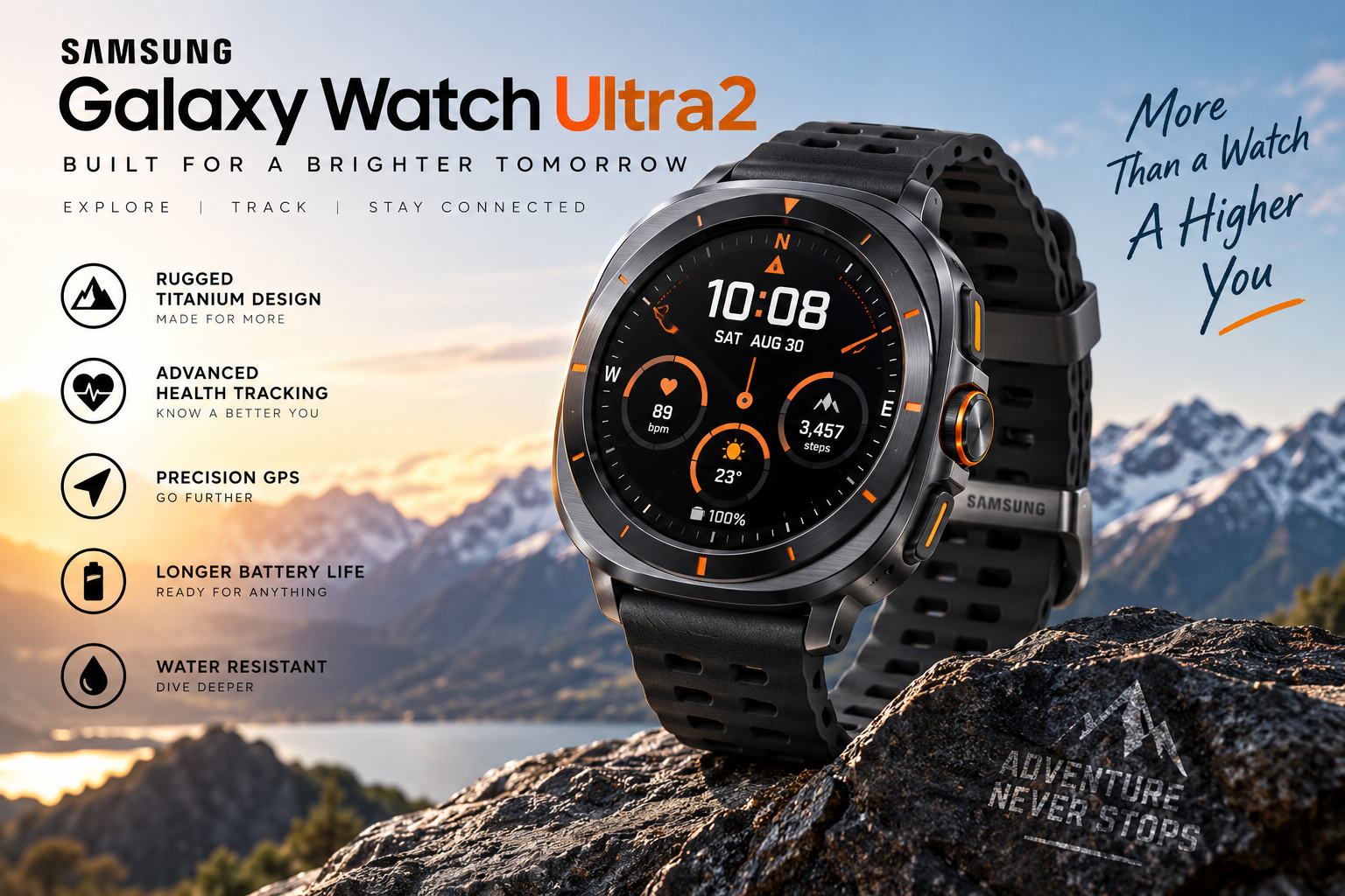 Samsung Galaxy Watch Ultra2 smartwatch with rugged titanium design, black band, advanced health tracking, GPS, long battery life, and water resistance, displayed against a scenic mountain lake at sunrise.